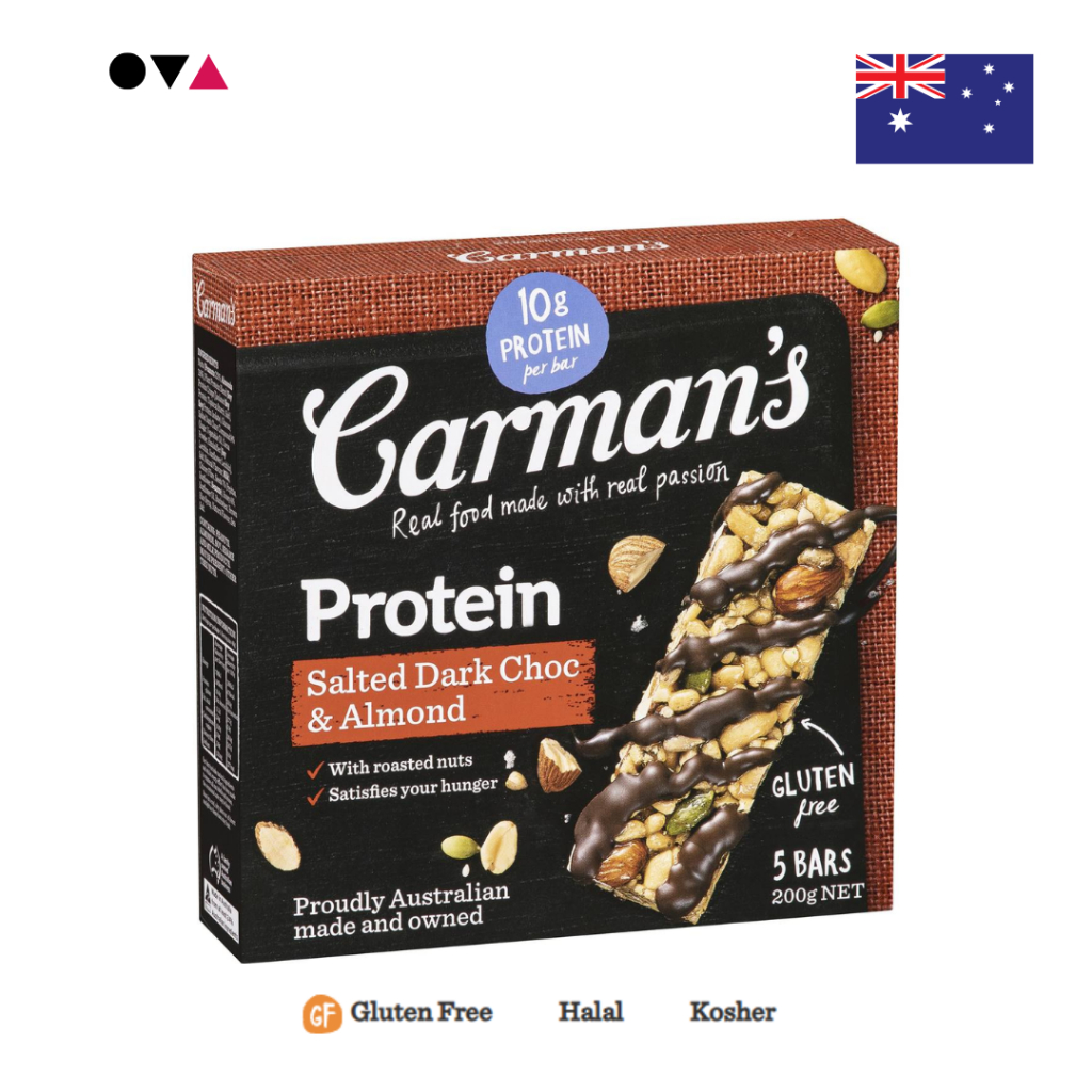 Carman's Salted Dark Choc & Almond Protein Bars 200g ธัญพืชผสมอัลมอนด์ราดดาร์คช็อกโกแลต 5 แท่ง