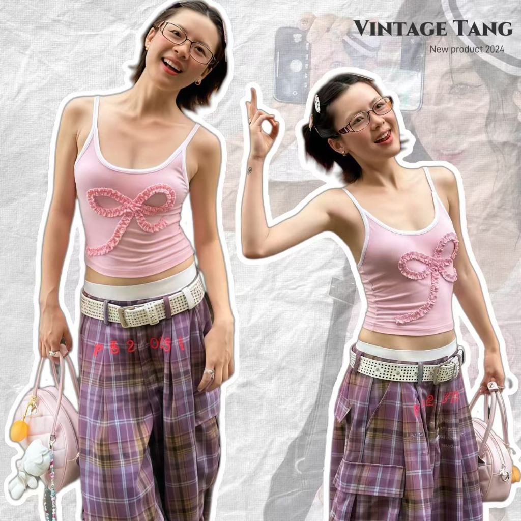 พร้อมส่ง🧀เสื้อสายเดี่ยวสีชมพูแต่งลูกไม้โบว์ ผ้าฝ้าย ทรงเข้ารูปพอดี สไตล์เกาหลี หวานๆน่ารัก ใส่ในวันหยุด สำหรับผู้หญิง