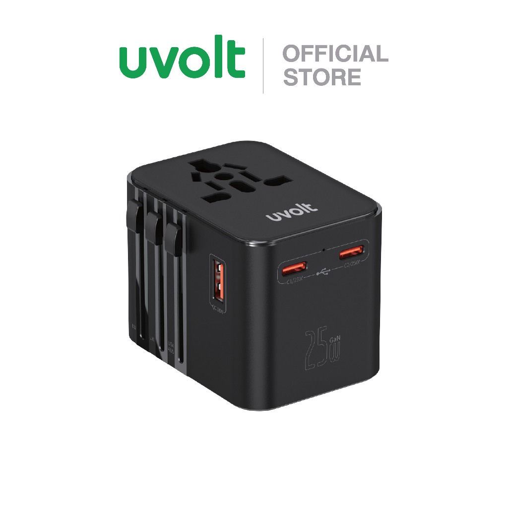 uvolt UVTA-07 Universal Travel Adapter หัวแปลงปลั๊กไฟ ชาร์จเร็ว 25W DUAL TYPE-C+USB รองรับ AU/UK/US/