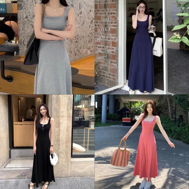 เดรสยาว สีดำ แขนกุด ทรงเอ เปิดไหล่สายฝอ ผ้าเนื้อนุ่ม ยืดหยุ่นเข้ารูป สวมใส่สบายไม่ร้อน พริ้วตามตัว #8057