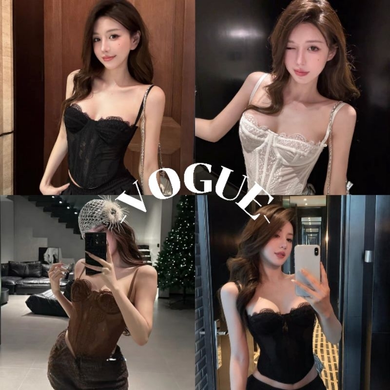 Vogue🌟พร้อมส่ง🌟 เสื้อสายเดี่ยว ทรงรักรูป มีฟองน้ำ ลายลูกไม้ (FY1941)