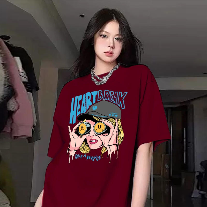 Top.street เสื้อยืด oversize 'HEART BREAK GIRL' แขนสั้น t shirt cotton แฟชั่น สไตล์เกาหลี เสื้อฟอก สีดำ 3XL