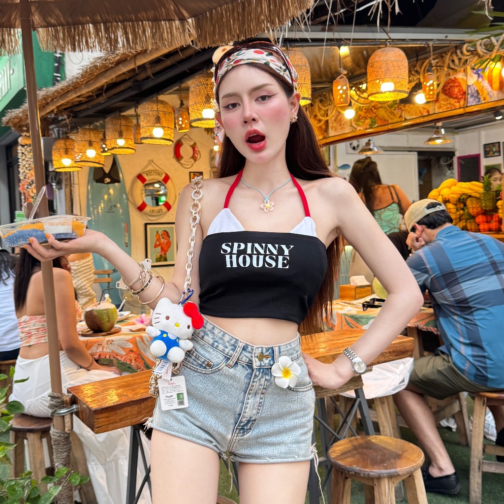 ชุดเล่นน้ำสงกรานต์ 💦 เสื้อบิกีนี่ไม่มีฟอง เสื้อเกาะอกสกรีนลาย บิกีนี่ผูกเชือก รุ่น บิกีนี่ทูโทน+เกาะอกยูนิSPINNY