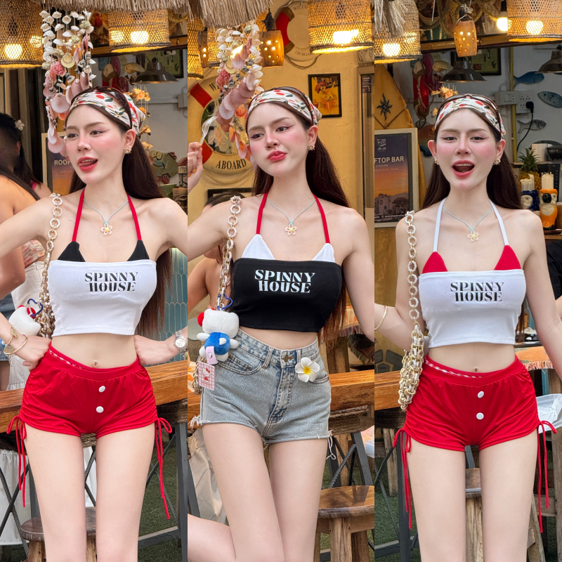 ชุดเล่นน้ำสงกรานต์ 💦 เสื้อบิกีนี่ไม่มีฟอง เสื้อเกาะอกสกรีนลาย บิกีนี่ผูกเชือก รุ่น บิกีนี่ทูโทน+เกาะอกยูนิSPINNY