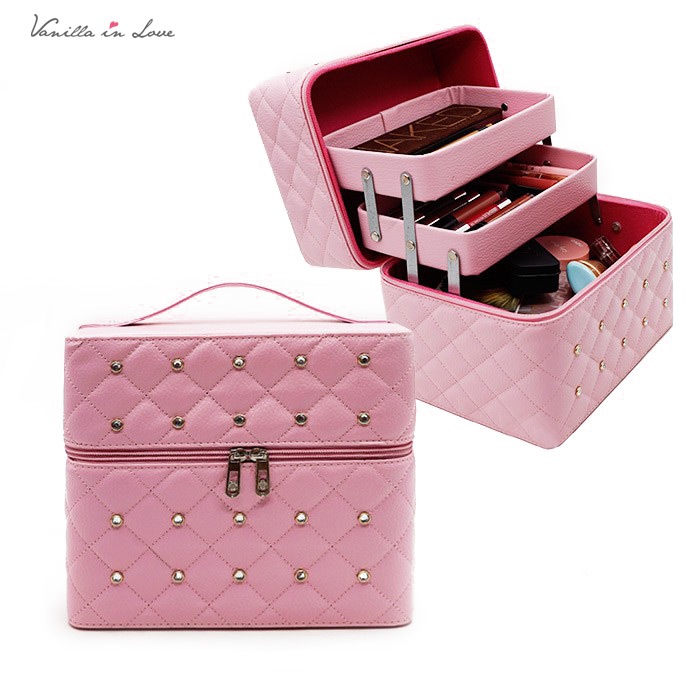 BG452 กระเป๋าเครื่องสำอางทรงแข็ง Vanilla in love ขนาดใหญ่ 2 ชั้น