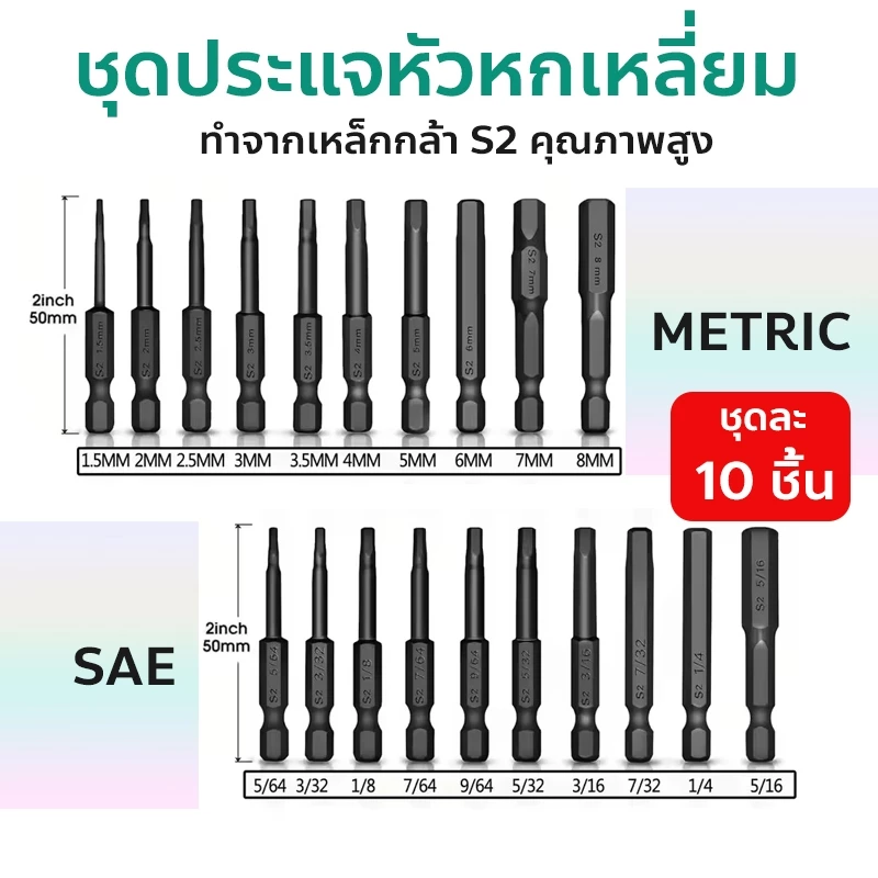 ชุดดอกสว่านประแจ SAE METRIC หัวหกเหลี่ยม เส้นผ่าศูนย์กลาง 1/4 นิ้ว ชุดไขควงแม่เหล็ก เมตริก 10 ชิ้น
