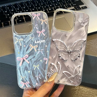 เคสไอโฟน 11 13 เคส Feather Laser Bow Case For iPhone 11 12 13 14 15 Pro X XR XS MAX 7 8 Plus 17 เคสโทรศัพท์ เคสไอโฟนสวยๆ