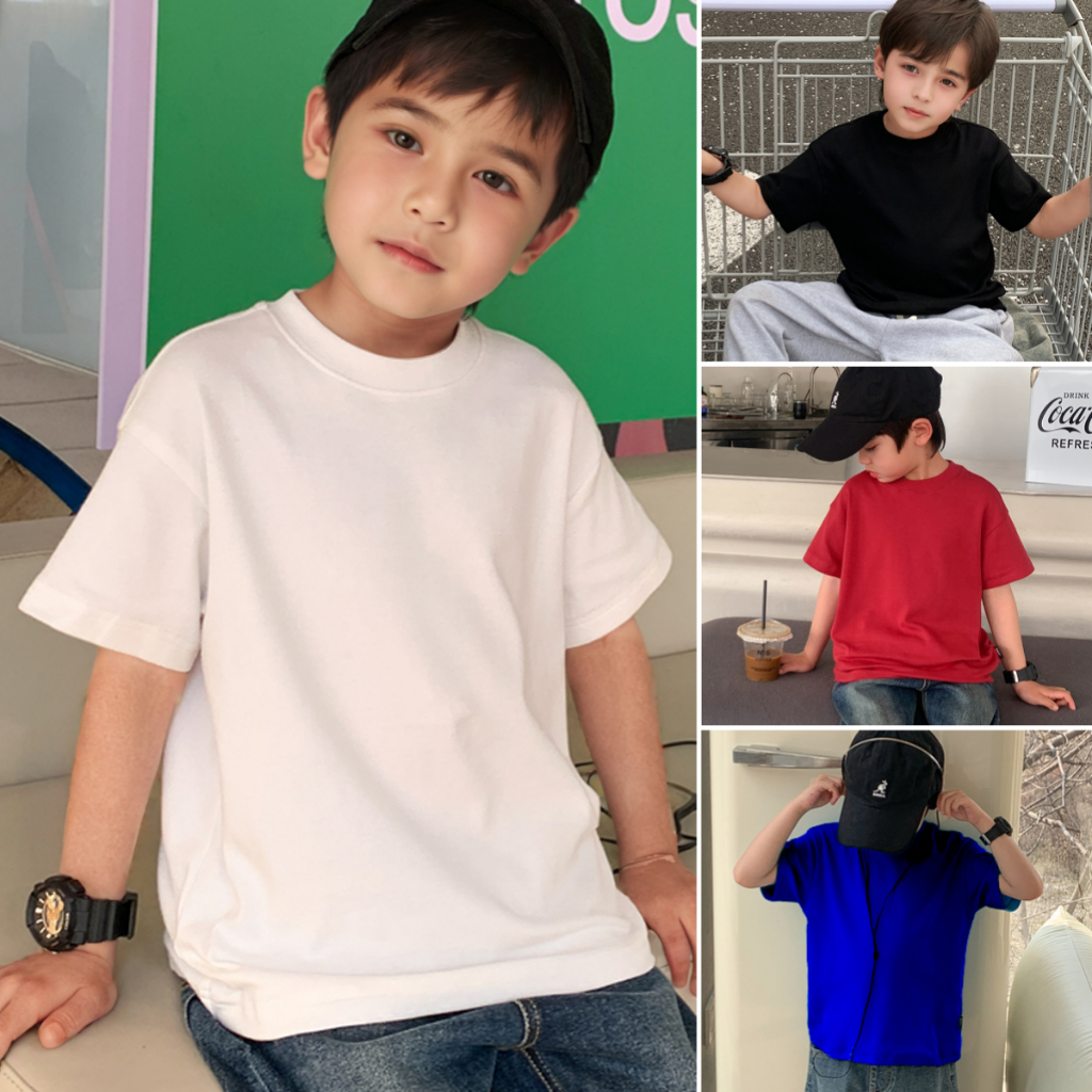 เสื้อยืดเด็กสีพื้น Kids เสื้อยืดเด็ก สไตล์มินิมอลอายุ 2-16ปี แขนสั้น คอกลม ผ้านุ่ม สัมผัสเบาสบาย ไม่ย้วย ไม่หด