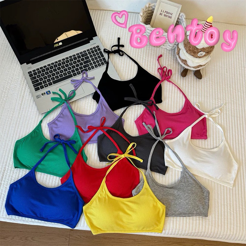 Bentoy(bra6876)เสื้อครอป สายเดี่ยวมีฟองน้ำในตัว ดีเทลสายห้อยคอ สีสั่นสดใส น่ารักมาก ผ้านิ่ม