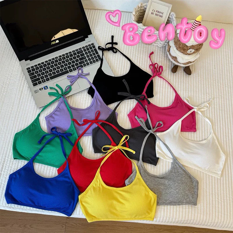 Bentoy(bra6876)เสื้อครอป สายเดี่ยวมีฟองน้ำในตัว ดีเทลสายห้อยคอ สีสั่นสดใส น่ารักมาก ผ้านิ่ม