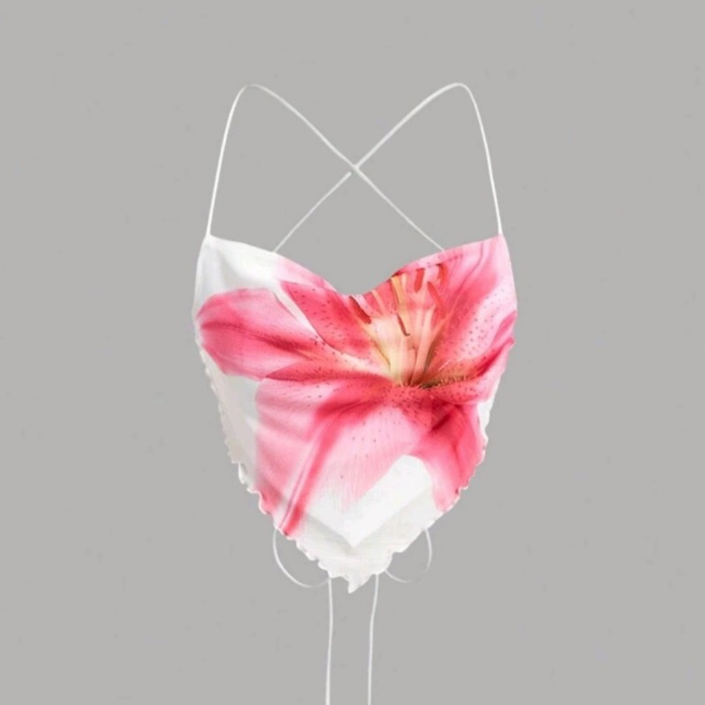 Crop TC2526 เสื้อครอป สายเดี่ยว ผูกหลัง ผ้าตาข่าย ลายดอกไม้