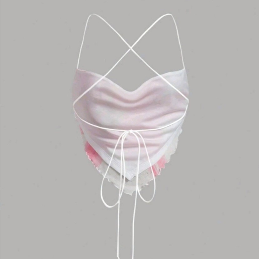 Crop TC2526 เสื้อครอป สายเดี่ยว ผูกหลัง ผ้าตาข่าย ลายดอกไม้ - รูปที่ 4