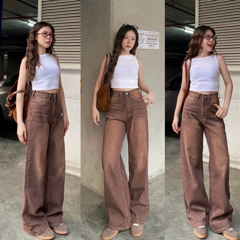 (ไม่ผลิตเพิ่ม)BEMYCHIC กางเกงยีนส์ขายาวสีน้ำตาลเข้ม รุ่น baggy jeans