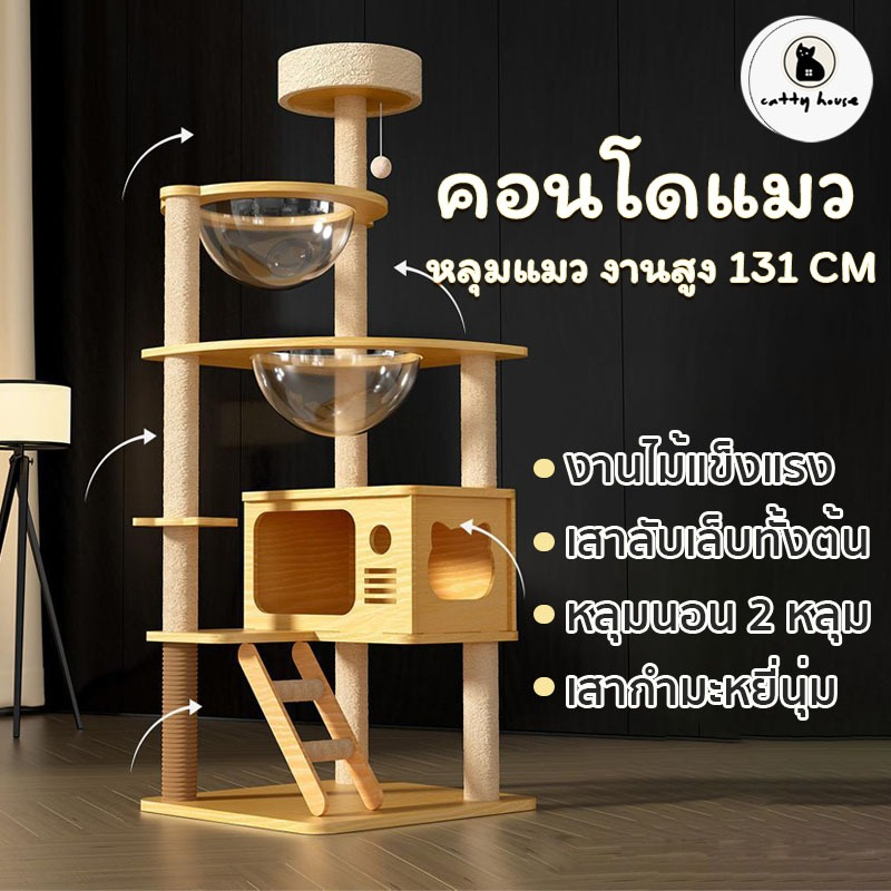 คอนโดแมว 2 หลุม บ้านแมว หลุมอวกาศแมว บ้านสัตว์เลี้ยง คอนโดแมวไม้ เนื้อแข็ง ที่นอนแมว เสาลับเล็บ