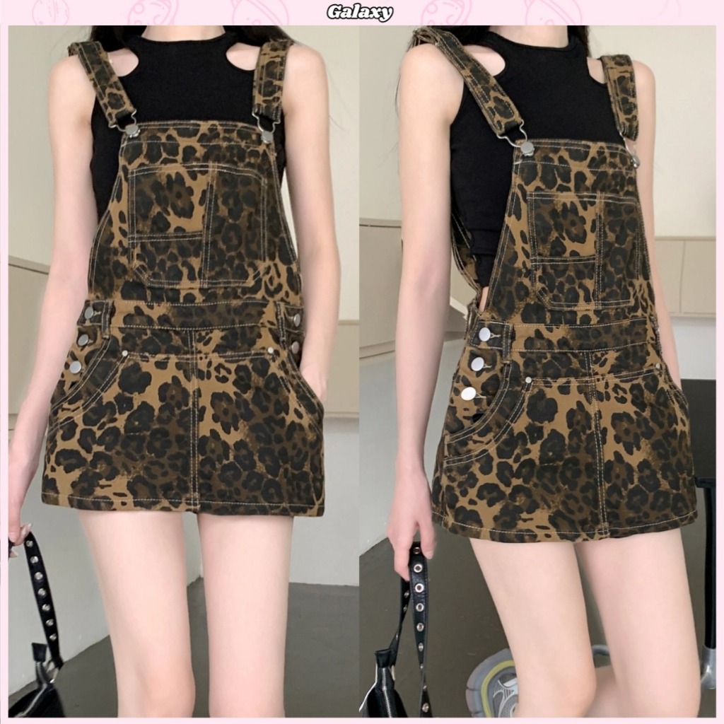 ชุดเอี๊ยมลายเสือดาว เอี๊ยมยีนส์ สายปรับได้ สไตล์วินเทจ เเบบสั้น กระโปรงทรงเอ #030085