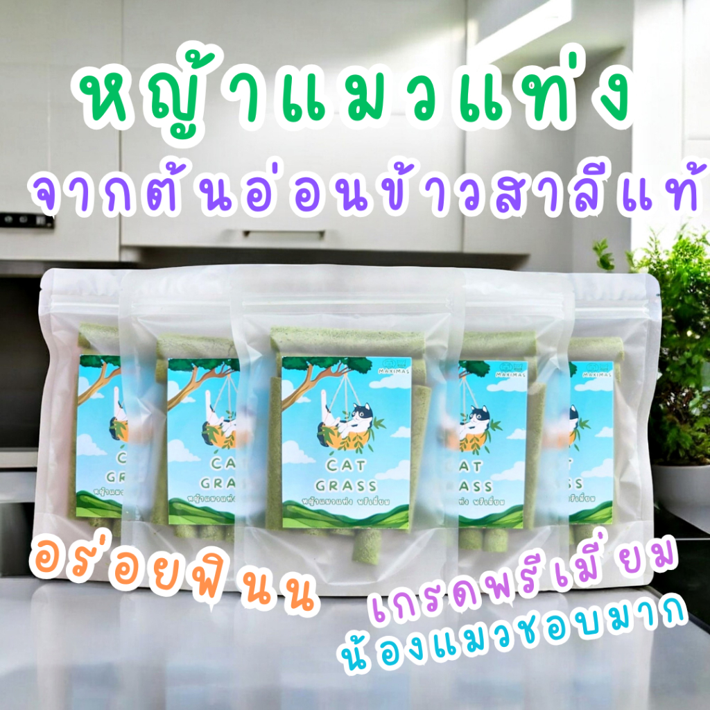 MAXIMAS หญ้าแมวอัดแท่ง จากต้นอ่อนข้าวสาลีแท้ เกรดพรีเมี่ยมพิเศษ ขนมแมว หญ้าแมวผสมอกไก่ สดใหม่ ไม่หืน