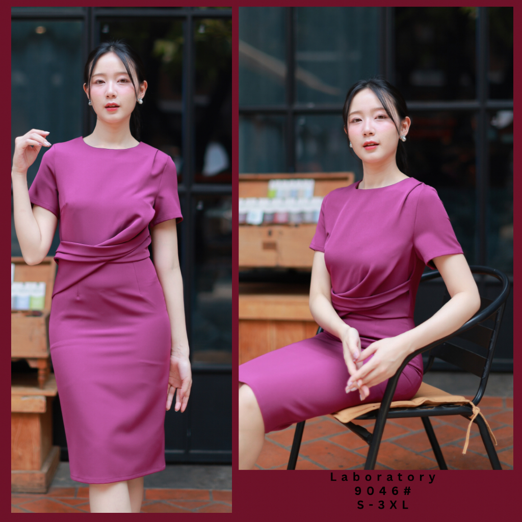 *Laboratory* เดรส 9046# เดรสทรงสอบเข้ารูปแขนสั้น  ไม่มีกระเป๋า ไซส์S-3XL