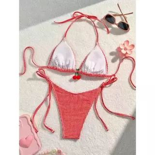 🌸Swift Bra🌸บิกินี่ 2 ชิ้น sexy bikini รูปแบบกริด จี้เชอร์รี่สุดน่ารัก แฟชั่น โชว์หลัง มีฟองน้ำ
