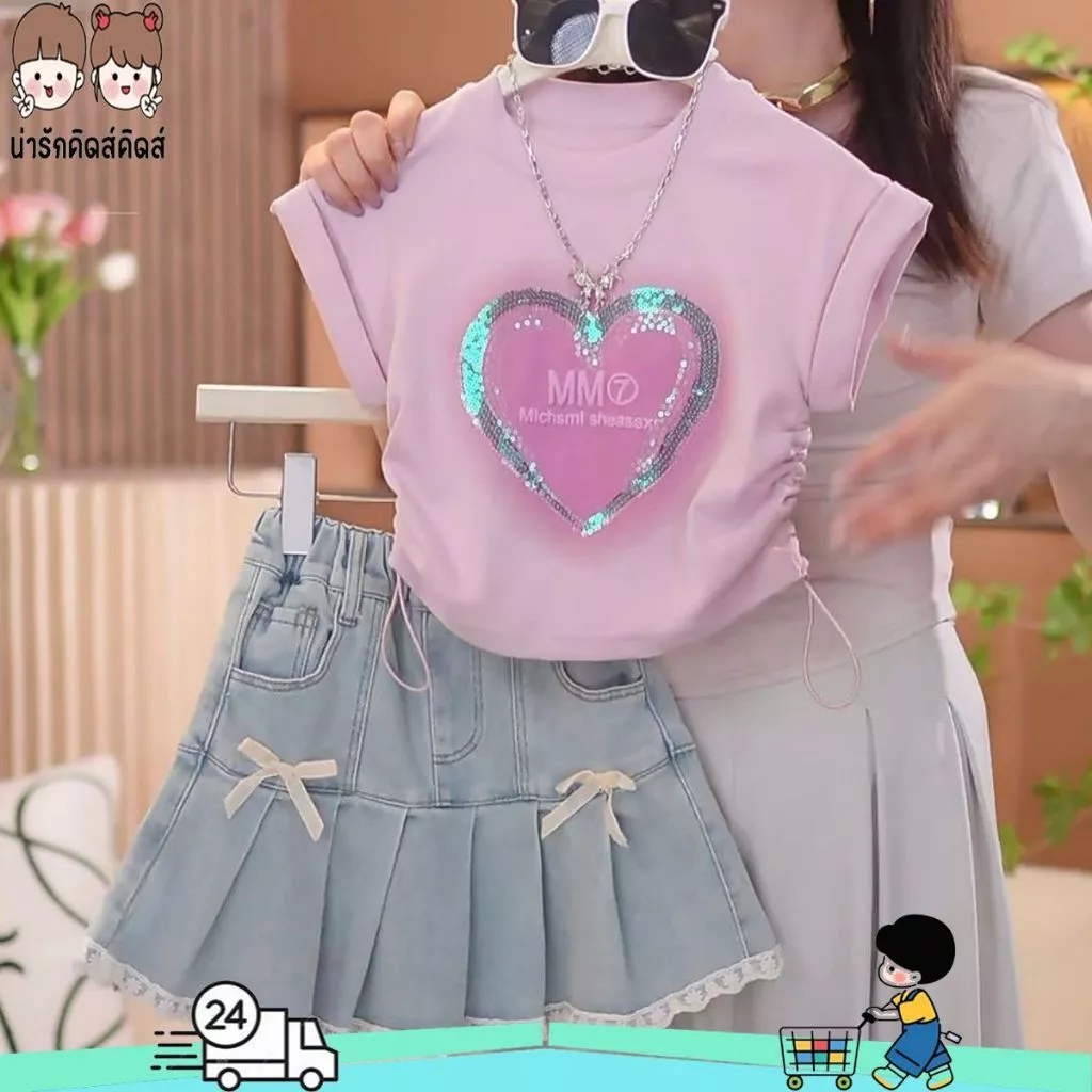 เสื้อยืดเด็กหญิง เสื้อผ้าแขนสั้น+กระโปรงยีนส์สั้น สำหรับฤดูร้อน พร้อมเชือกรูด สไตล์แฟชั่น พร้อมส่ง#T22000