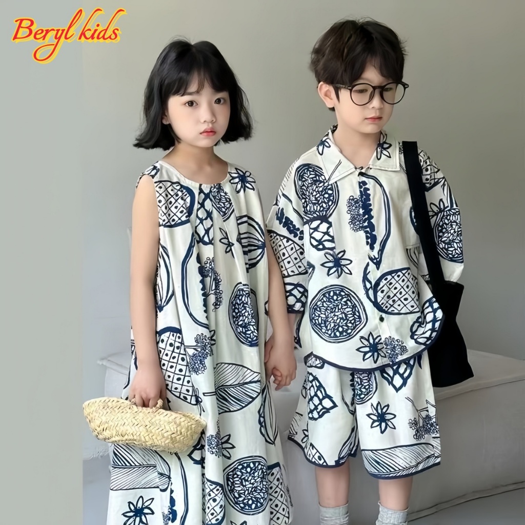 Beryl kids🌸เสื้อผ้าเด็กพี่ชายและน้องสาวฤดูร้อน🎀เสื้อเชิ้ตกางเกงขาสั้น ชุดดอกไม้สไตล์เกาหลี เดรสเด็กผู้หญิงลำลองและแฟชั่น