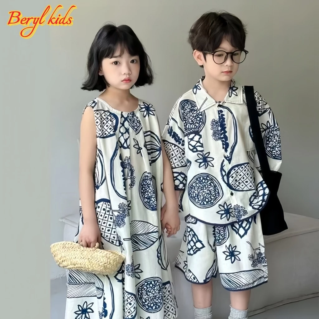 Beryl kids🌸เสื้อผ้าเด็กพี่ชายและน้องสาวฤดูร้อน🎀เสื้อเชิ้ตกางเกงขาสั้น ชุดดอกไม้สไตล์เกาหลี เดรสเด็กผู้หญิงลำลองและแฟชั่น