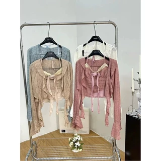 CiCi Plus+(J2007) Set 2 ชิ้น เกาะอกคล้องคอ+เสื้อคลุมแขนยาว ดีเทลแต่งดอกกุหลาบ สไตล์โบฮีเมี่ยน สาวพลัสไซส์