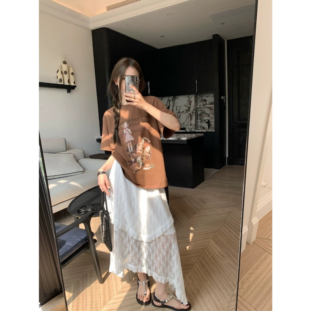 ส่งทันที Cici(NO. 2527) กระโปรงเอวยางยืด แต่งระบายลูกไม้ มีซับใน ดีเทลเว้าหน้า สไตล์สาวฮาวาย - รูปที่ 5