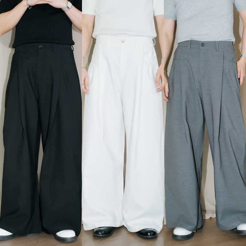 FAILON pants กางเกงผ้าทรงกระบอกใหญ่เอวยืดสม็อค