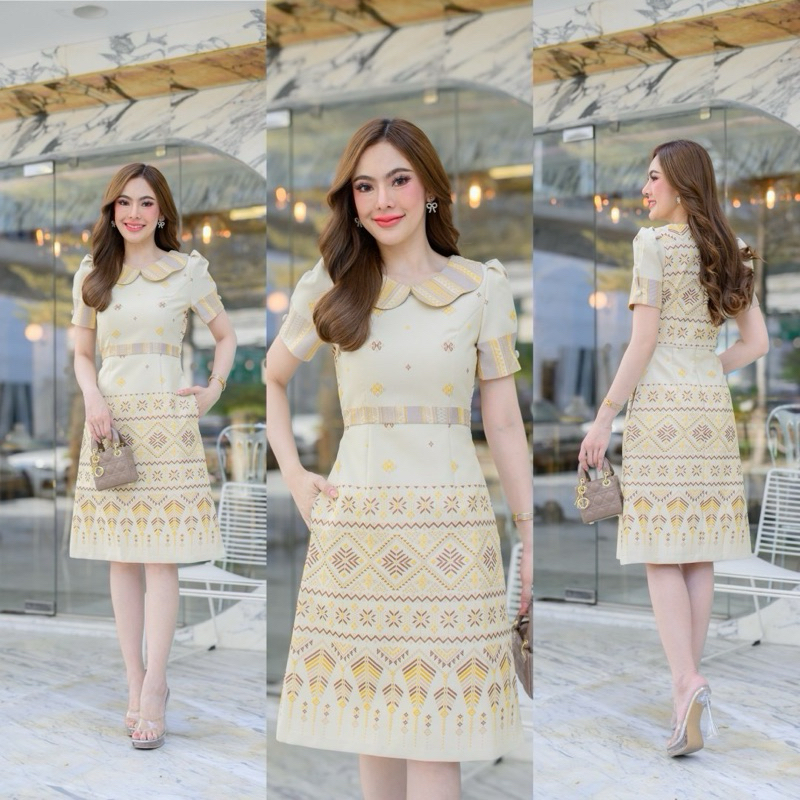 ชุดเดรส  ผ้าไหมแพรวาทอลาย ยกดอก ✅แต่งคอปกหยัก สวยหวาน แขนจีบทวิส แต่งกระดุม ✅มีกระเป๋า 2 ข้าง ใช้งานได้จริง