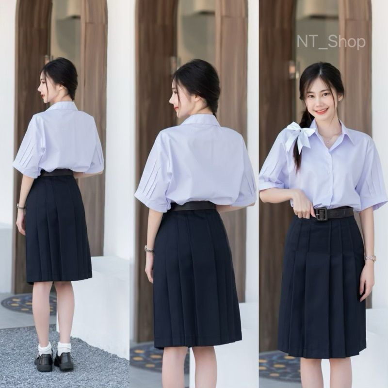 🦋กระโปรงนักเรียนม.ปลาย”ผ้ามันดีวาย”สีกรมเข้มทรงแคบ”มียาว22,23,24,25,26”ตีเกร็ด5.5(มีบิลให้) รูปที่ 4
