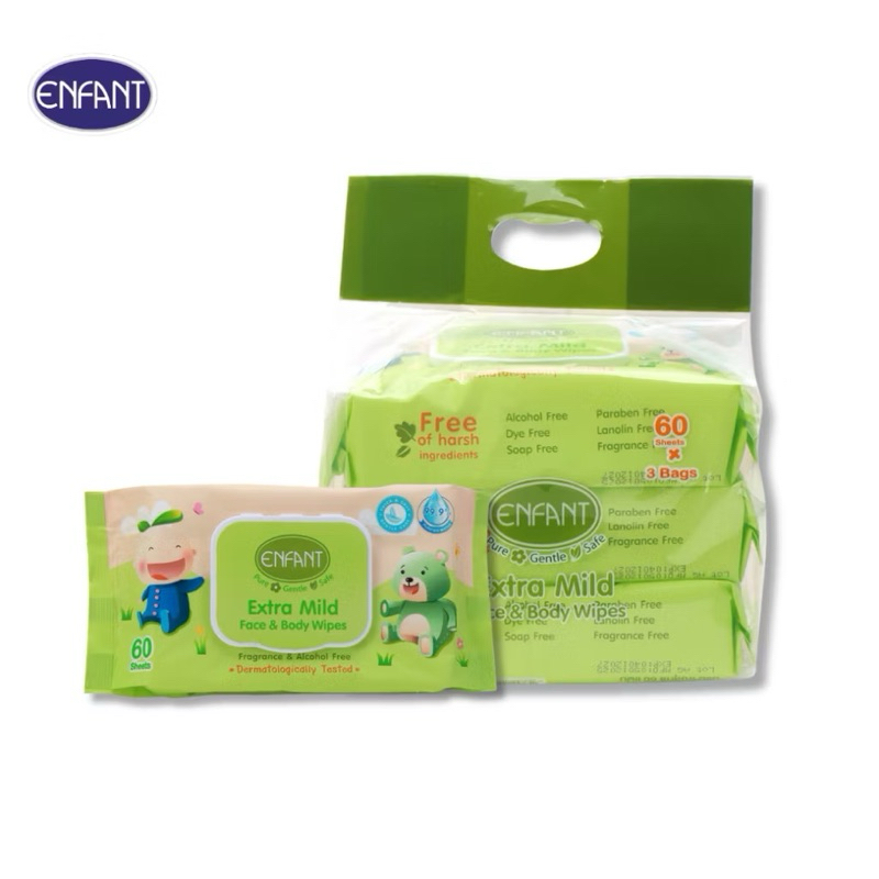ENFANT (อองฟองต์) Extra Mild Face & Body Wipes ผ้าเช็ดทำความสะอาดแบบเปียก สูตรน้ำแร่บริสุทธิ์ 1แพ็ค/3ห่อ 60แผ่น/ห่อ