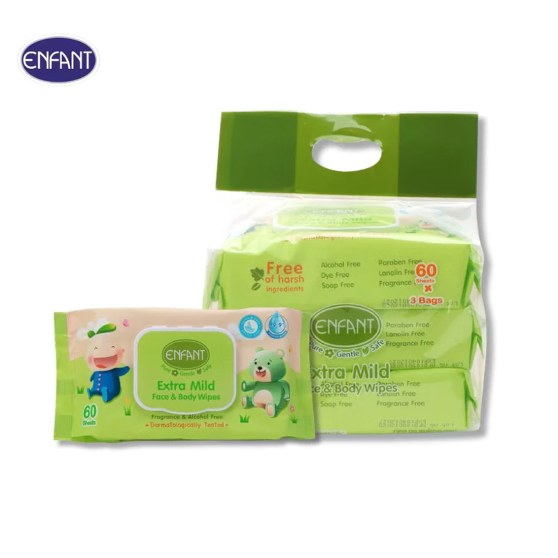 ENFANT (อองฟองต์) Extra Mild Face & Body Wipes ผ้าเช็ดทำความสะอาดแบบเปียก สูตรน้ำแร่บริสุทธิ์ 1แพ็ค/3ห่อ 60แผ่น/ห่อ