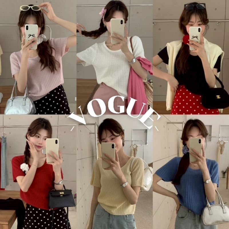 Vogue🌟พร้อมส่ง🌟 เสื้อยืดไหมพรม แขนสั้นคอกลม สีสันสดใส ผ้านุ่มนิ่ม (71096)