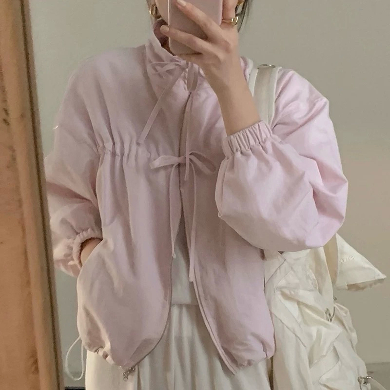 มาใหม่พร้อมส่ง💖 (AP240) Fila bow bomber jacket เสื้อกันหนาว คอตั้ง เอวจั๊ม ผ้าร่ม สไตล์เกาหลี