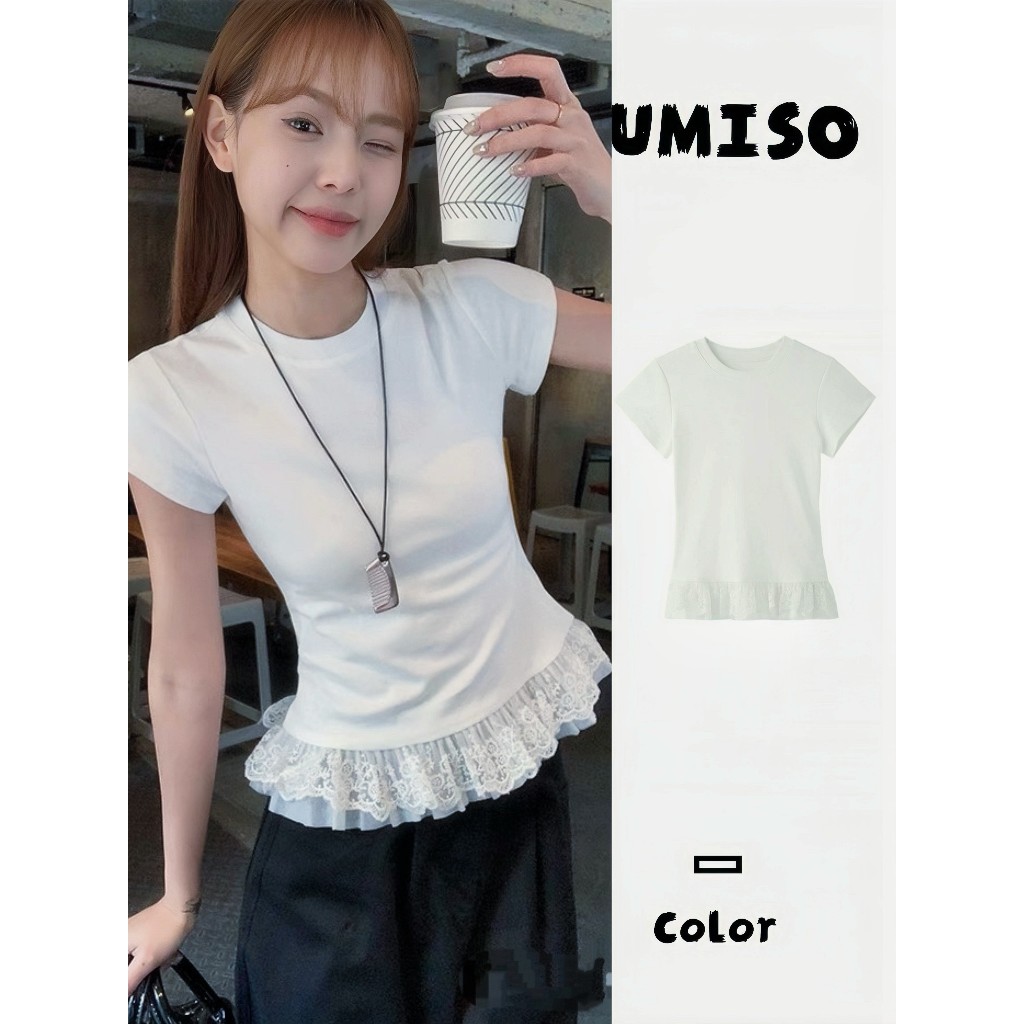UMISO 100%cotton  เสื้อยืดแขนสั้น เสื้อลูกไม้ คอกลมลายลูกไม้สีขาวสำหรับผู้หญิง