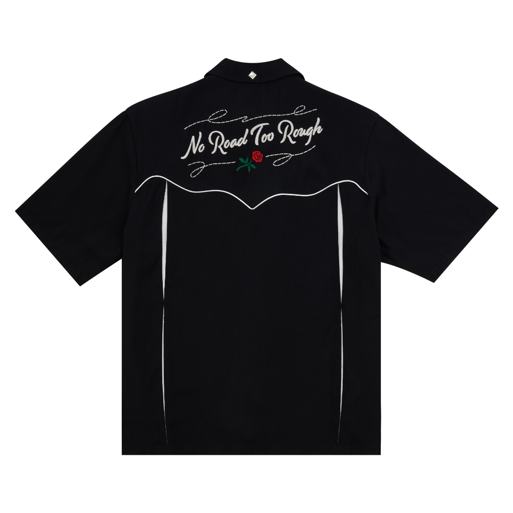 FEARLESSNESS NO ROAD TOO ROUGH BOWLING SHIRT BLACK COLLAR