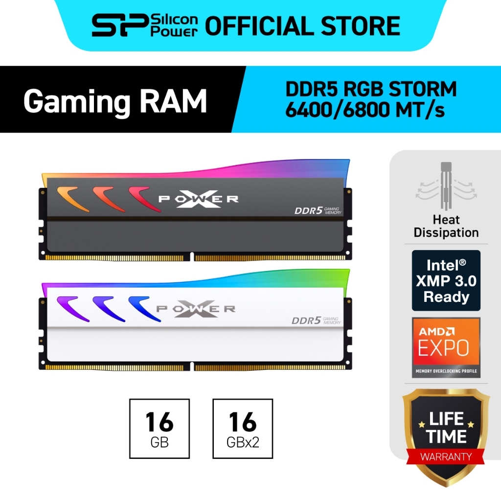 Silicon Power RAM PC DDR5 Gaming RGBรุ่น XPOWER Storm RGB 16GB/32GB, 6400MHz/6800MHz - รับประกันตลอดอายุการใช้งาน ขาว/ดำ