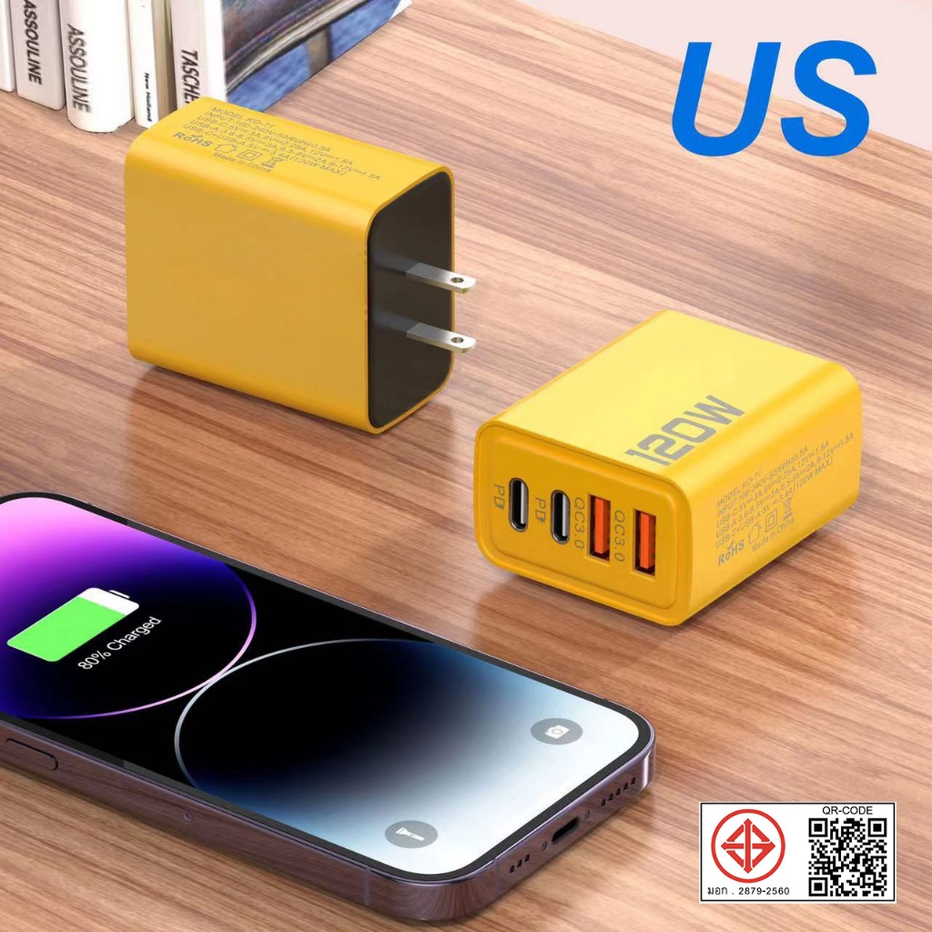 Sajai K-O71 120W Dual PD TypeC + Dual QC3.0 USB เครื่องชาร์จหลายพอร์ต, ปลั๊ก: ปลั๊ก US (สีเหลือง)
