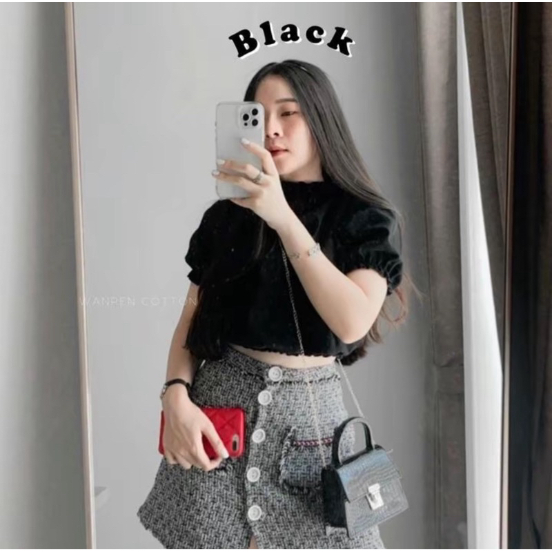 Wpenterprise - เสื้อครอปผ้าฝ้ายแขนตุ๊กตา (สีดำ)