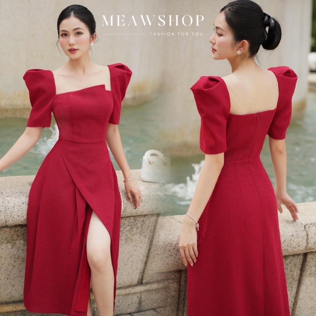 S-XL เดรสแขนตุ๊กตาสีแดงทรงผ่าหน้า ราชนิกูล ดูสวย ดูแพงสุด ชุดออกงาน ชุดไปงาน ธีมสีแดง เดรสคอเหลี่ยม 