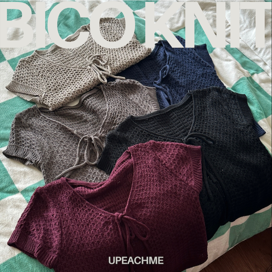 ีupeachme(D20) Bico knit top เสื้อคลุมแขนสั้นผ้าไหมพรม เสื้อไหมพรมแขนสั้นผูกโบว์เชือก เสื้อคลุมตาข่าย คาร์ดิแกน