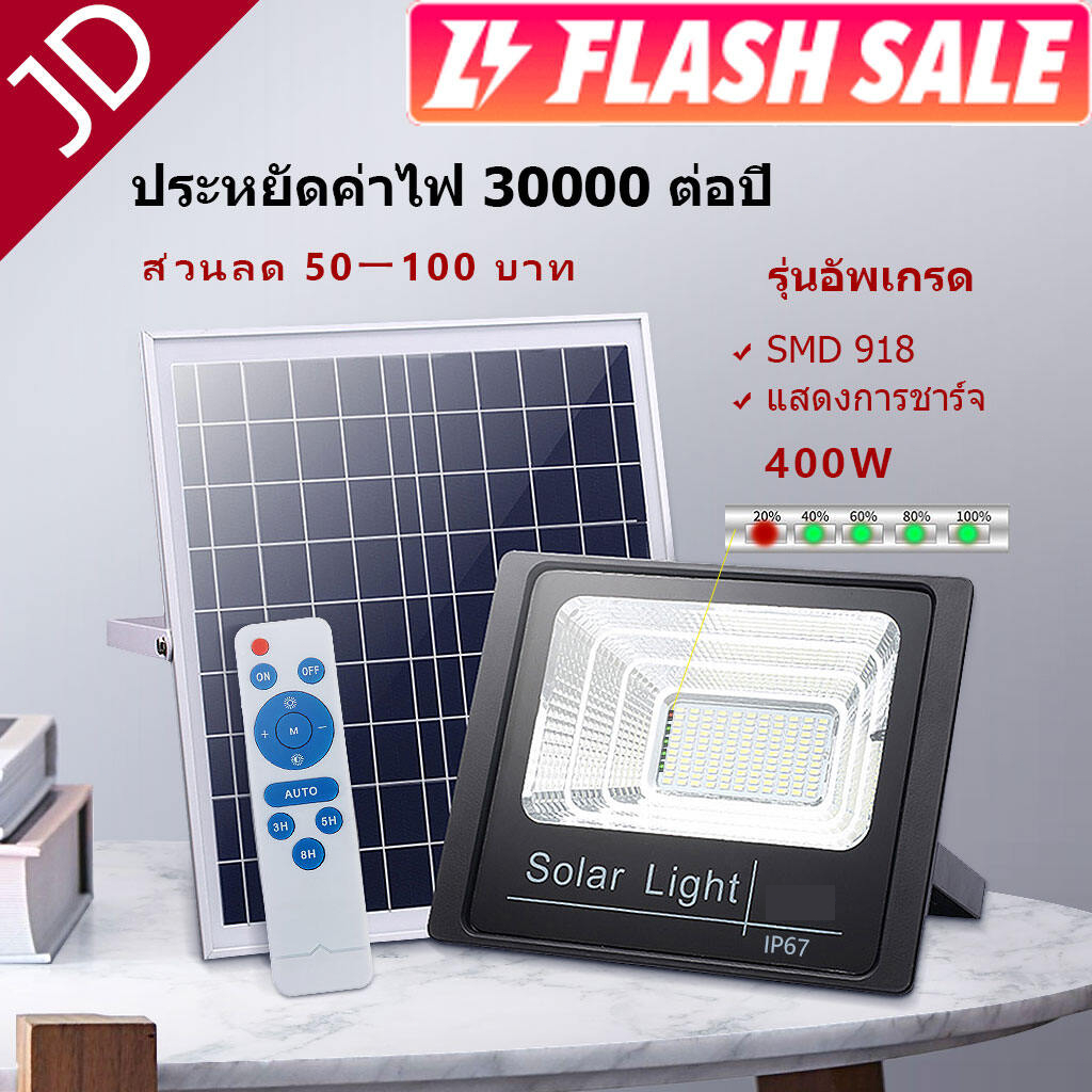 JDโคมไฟพลังงานแสงอาทิตย์ป้องกันน้ำ IP 67 ป้องกันฟ้าผ่าไฟสีขาวสามารถติดได้ตั้ง แต่เช้ามืด solar light jd แท้ โคมไฟ ไฟ