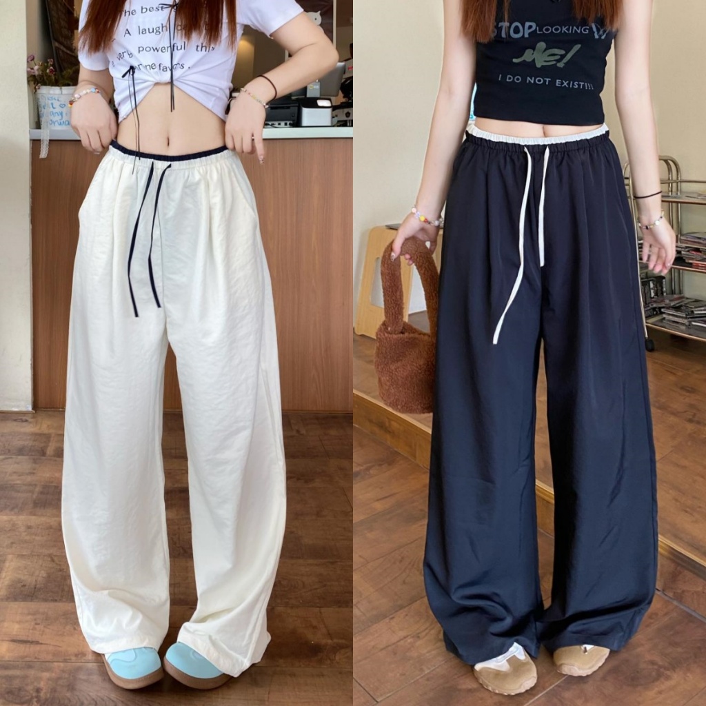 กางเกงผู้หญิง เอวสูง สีพื้น ทรงสีบล็อก เอวรูด จัดส่ง 2-3 วัน