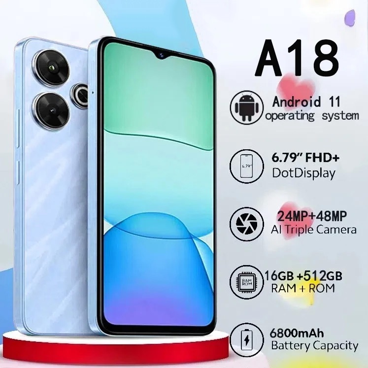 สมาร์ทโฟนดั้งเดิม 0PP0 A18 5G โทรศัพท์เล่นเกม Android แบบเต็มหน้าจอ HD ขนาด 6.8 นิ้วราคาถูก COD