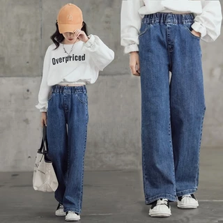 👖กางเกงยีนส์สำหรับสาว ๆ กางเกงยีนส์ขายาวเด็กหญิง ทรงหลวม ๆ ใส่สบาย ๆ เอวยางยืด กางเกงขายาวสำหรับสาว #T31212