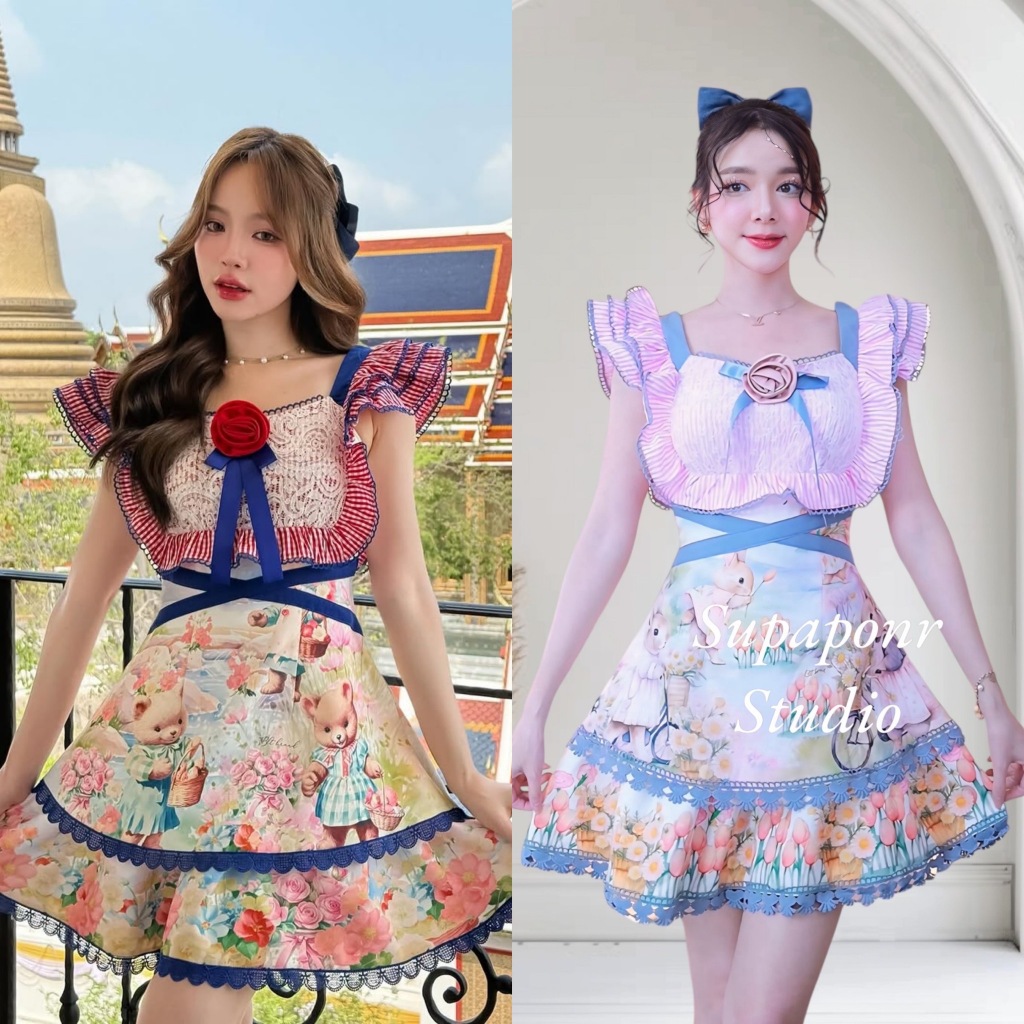 BLT BRAND SP809,BS168 การันตีเสื้อผ้าแบรนด์แท้ ชุดเดรสสายตะเกียบ พิมพ์ลายน้องกระต่าย ชมพูสายฟ้าและน้