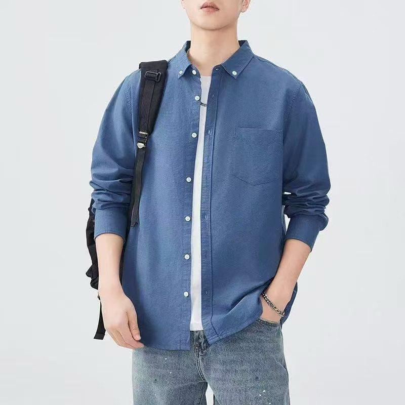 เสื้อเชิ้ตผู้ชายสีพื้นแขนยาว เสื้อเชิ้ตสไตล์เกาหลีผ้า Oxford