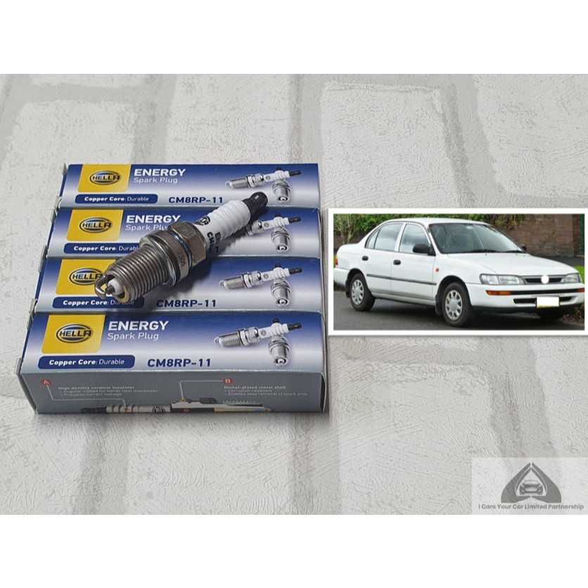 หัวเทียน Toyota Corolla AE100 / AE101 โฉมสามห่วง ( 1991 - 1996 ) ขั้วนิคเกิ้ล ชุด 4 หัว : Hella CM8RP-11