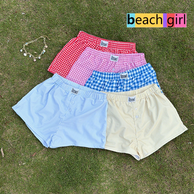 🌈beachgirl🌈สีโดพามีน กางเกงขาสั้น กางเกง boxer summer สไตล์ลำลอง ลาย gingham และ stripe ส่งไวจากไทย