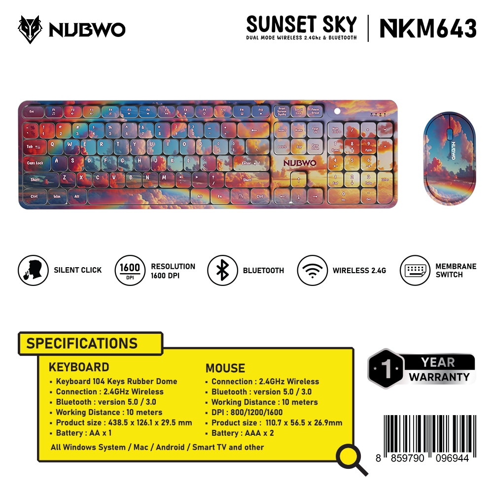 เมาส์คีย์บอร์ดไร้สาย Keyboard Mouse Nubwo NKM-643 Dual mode Wireless/Bluetooth RubberDome Switch(SUN
